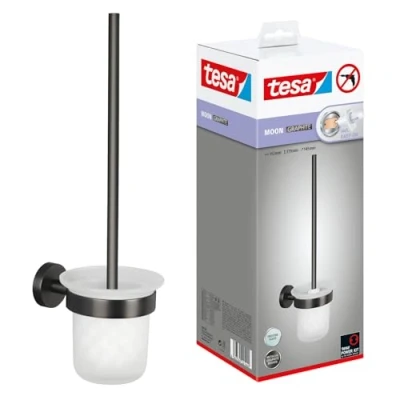 Afbeelding van tesa MOON Toiletset met Houder en Wc borstel van Geborsteld Grafiet, Gesatineerd Glas Zelfklevend, Gemaakt PVD gecoat Metaal Zonder Boren, incl. Kleefoplossing 379 mm x 112 145
