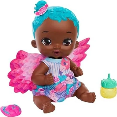 Afbeelding van Mattel My Garden Baby Flamenco en Pipi, roze haar, speelgoedpop met luier, fles accessoires, cadeau vanaf 3 jaar (HPD11)