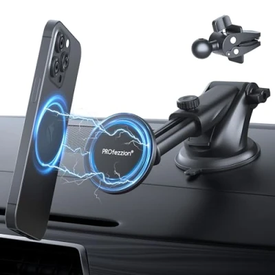 Afbeelding van PROfezzion Magnetische telefoonhouder met zuignap en ventilatieclip, compatibel MagSafe op auto dashboard, voorruit of ventilatieopening voor iPhone 15, 14, 13, 12 Pro Max Plus, Mag Safe Case
