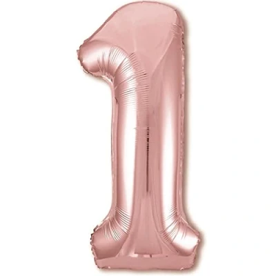 Afbeelding van Ballon 1e Verjaardag Nummer 1 Rozegoud XXL Gigantische Folieballon 100 cm Decoratie Meisjes Ballonnummer Deco voor Verjaardag. Vliegt met Helium.
