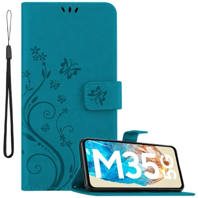 Afbeelding van Cadorabo Hoesje geschikt voor Samsung Galaxy M35 in BLOEMEN BLAUW Beschermhoes bloemmotief met magnetische sluiting, standfunctie en kaartsleuven Book Case Cover Etui