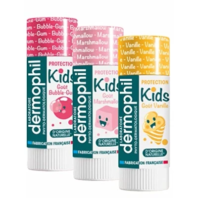 Afbeelding van Dermophil Dermokid&#039;s Lippenstift nieuwe geurstoffen vanille * marshmallow bubbelgum 3 sticks à 4 g