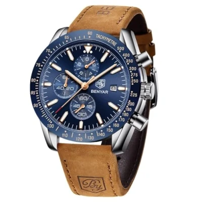 Afbeelding van Horloge voor heren Benyar Herenhorloge Chronograaf Analoog quartz Waterdicht zakelijk polshorloge met zwarte wijzerplaat en leren band