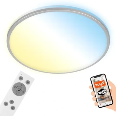 Afbeelding van BRILONER Smart LED plafondlamp, ronde WiFi woonkamerlamp, kleurtemperatuurregeling, dimbare plafondlamp met afstandsbediening, spraakbesturing, chroom mat, Ø490 mm.