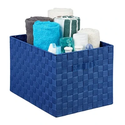 Afbeelding van Relaxdays Opbergmand met handvat, kunststof, vlechtlook, H x B D: 26 40 30 cm, badkamermand, blauw, cm