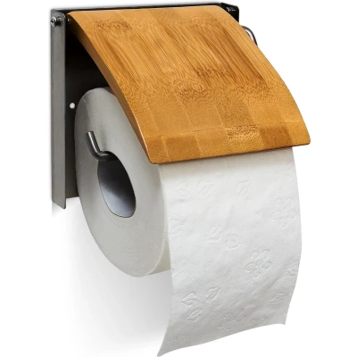 Afbeelding van Relaxdays wc rolhouder met klep toiletrolhouder bamboe closettrolhouder muur hangend