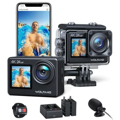 Afbeelding van WOLFANG Actie Camera GA200 4K 24MP WiFi videocamera, onderwatercamera 40M waterdichte, 170 groothoekcamera, verbeterde IS afstandsbediening, 2 x 1050 mAh batterijen, meerdere batterijen accessoires
