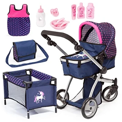 Afbeelding van bayer Design Combinatie poppenwagen Mega Set, blauw met hartjes en eenhoorn