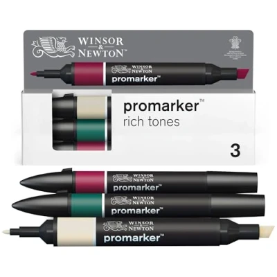 Afbeelding van Winsor &amp; Newton 0290191 ProMarker Set Rijke tinten, 3 layout markers in een set, met 2 punten, fijn en breed voor tekeningen, ontwerp lay outs