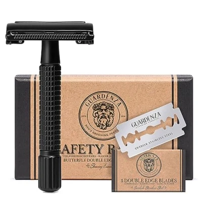 Afbeelding van Guardenza Double Edge Safety Razor Butterfly matzwart klassiek scheerapparaat barbier scheermes incl. scheermesjes