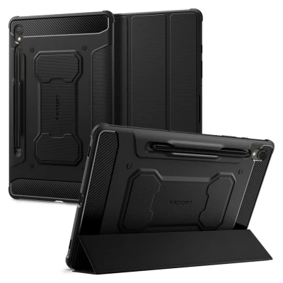 Afbeelding van Samsung Galaxy Tab S9 Hoes: Spigen Rugged Armor Pro Bookcase Shockproof/Valbescherming Zwart Kunstleder Tablet Hoezen