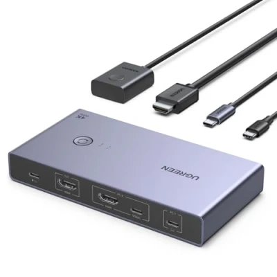 Afbeelding van UGREEN USB C KVM Switch 4K60Hz 1 PC Laptop Monitor 2 In Uit met 4 3.0 poorten voor muis, toetsenbord, draagbare harde schijf, stick etc.