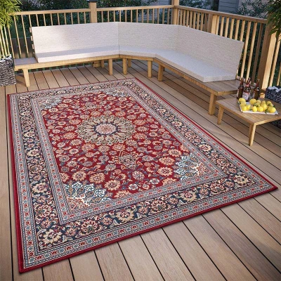 Afbeelding van HANSE Home Kadi oosters tapijt voor binnen en buiten, plat weefsel, design, klassiek, Öko Tex weerbestendig uv bestendig, balkon, terras, tuin, rood blauw, 80 x 165 cm
