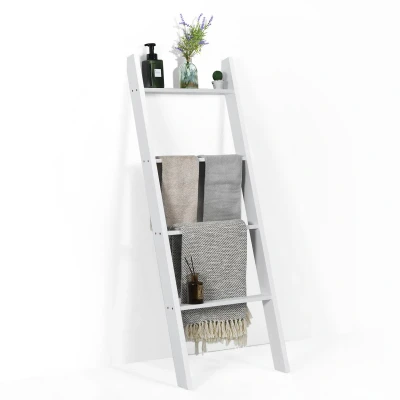 Afbeelding van COSTWAY Handdoekhouder, 5 niveaus, ladderrek, handdoekladder, plafondladder, hout, handdoekstandaard, grijs, voor woonkamer, badkamer (wit)