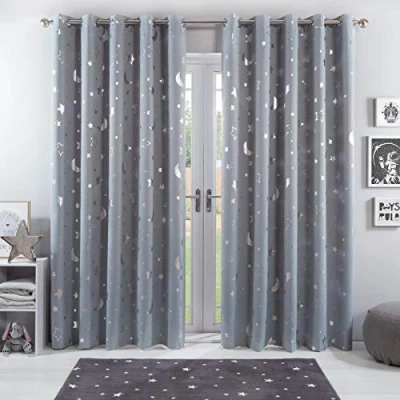 Afbeelding van Dreamscene Galaxy Star thermische verduisterende gordijnen paar oogjes ring toppanelen kinderen metallic maan zilvergrijs, breedte 117 cm x druppel 137