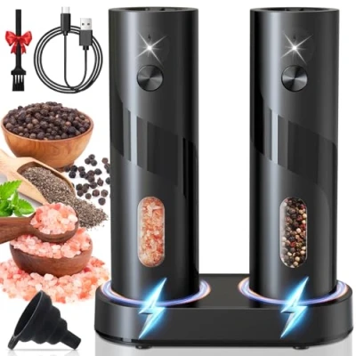 Afbeelding van UCAMP Elektrische Zout En Pepermolenset,Met Oplaadbare Voet,Automatische Zoutmolen Met Led Licht,Met Instelbare Grofheid,Voor Keuken Barbecue,(Grote Capaciteit Van 110 Ml)