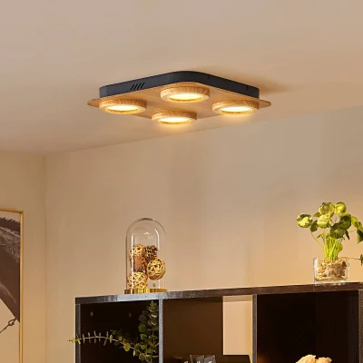Afbeelding van Lindby LED plafondlamp met dimmer 4lichts hout, kunststof H: 5.7 cm licht wit Inclusief lichtbronnen