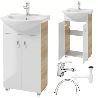 Afbeelding van Deftrans Domodomo Badkamerkast met wastafel, 80 x 50 26 cm, witte wastafelkast, keramische wastafelset, staande kast voor kleine badkamer, wit + eiken, wastafelkraan, sifon