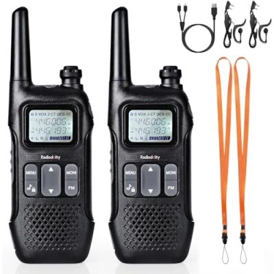 Afbeelding van Radioddity PR T1 PMR446 Walkietalkieset met lcd display, radio, 4 km bereik, 16 kanalen, PMR446, licentievrij, oplaadbare accu headset voor avontuur, outdoor activiteiten, camping, 2 stuks