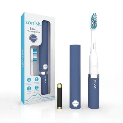 Afbeelding van Sonisk Pulse Elektrische tandenborstel op batterijen Draagbaar reisformaat met antimicrobiële sonische technologie 1x batterij, 2x opzetborstels, reiskoffer inbegrepen (staalblauw)