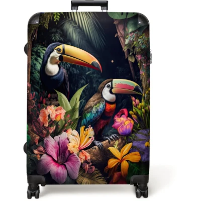Afbeelding van NoBoringSuitcases.com® Koffer groot Reiskoffer lichtgewicht Toekan Bloemen Planten Jungle Rolkoffer met 4 wielen Grote trolley XL 98 liter bagage