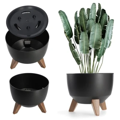 Afbeelding van KADAX Bloempot van kunststof met drie insteeksteunen ronde bloembak, plantenschaal voor balkon, woonkamer Diameter 24 cm, Zwart