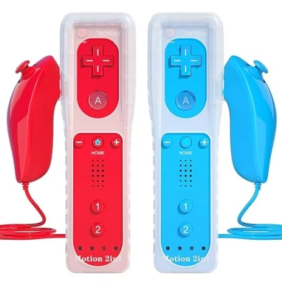 Afbeelding van TechKen 2 stuks Wii controller met Nunchuck controller, afstandsbediening, geïntegreerde Nunchuk siliconen hoesje voor (rood + blauw)