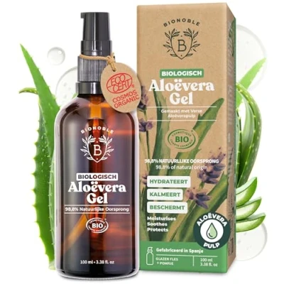 Afbeelding van Biologische ALOË VERAGEL Gemaakt van 100% Verse Pure Aloëpulp en Etherische Lavendelolie Zonder Xanthaan Gezicht, Oogcontour, Lichaam, Haar Glazen Pompflesje (100ml)
