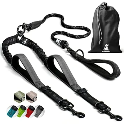 Afbeelding van SparklyPets dubbele hondenriem voor 2 honden touw bungee middelgrote en grote met gewatteerde handgrepen, geen wirwar reflecterende strepen (zwart, honden)