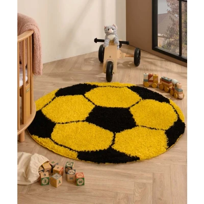 Afbeelding van Rond Vloerkleed Kinderkamer Voetbal Geel/zwart 120 Cm