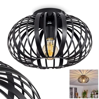 Afbeelding van plafondlamp Oravi, ronde van metaal in zwart, 1 lamp, E27 fitting, zonder gloeilamp, Ø 30 cm, retro/vintage licht met geweldig lichteffect door rasteroptiek