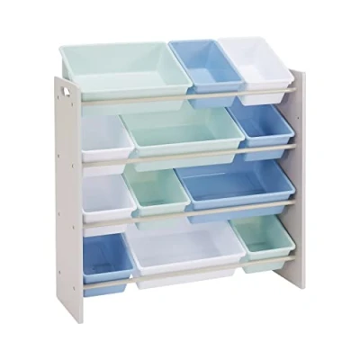 Afbeelding van Amazon Basics Kast organizer voor kinderspeelgoed, 4 plankjes, opslag, met 12 plastic bakjes, grijs, hout, blauwe 27,7 x 85,3 79,0 cm (D B H)