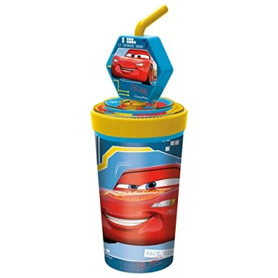 Afbeelding van p:os Cars drinkbeker voor kinderen met geïntegreerd rietje, deksel en 3D figuur, ca. 475 ml inhoud, ideaal koude dranken