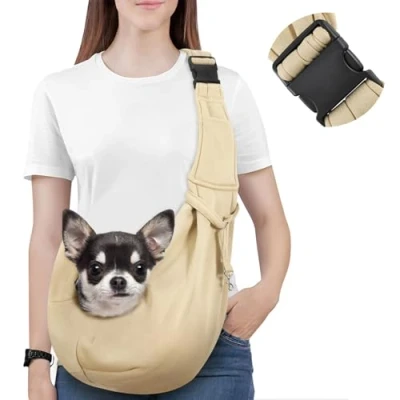 Afbeelding van Pawaboo Hondendraagriem, handvrije hondendragers met verstelbare riemgesp, puppyzakdrager veiligheidslijn voor puppy&#039;s en katten, bredere schouderriem, draagdragers huisdieren (tot 5,4 kg, kaki)