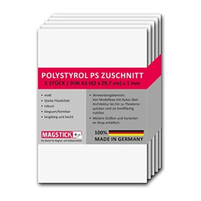 Afbeelding van mag_262 Polystyreen platen, wit, DIN A3, kunststof hardplaten, PS gesneden, 29,7 x 42 cm, 1 mm dik, voor modelbouw, architectuur, doe het zelf, set van 5