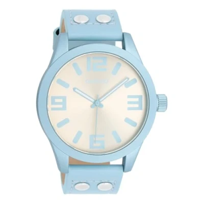 Afbeelding van Oozoo Timepieces Dameshorloge, polshorloge met leren armband, hoogwaardig horloge voor vrouwen, elegant analoog dameshorloge in rond, lichtblauw/zand