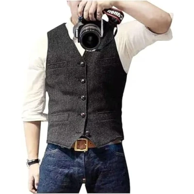 Afbeelding van Solovedress Casual wollen vest met visgraatpatroon voor onder pak, v hals, tweedvest bruiloft, groomsmen, zwart, XXL