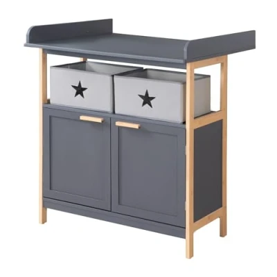 Afbeelding van roba Houten Commode Berlin met 2 Laden Verwisselbare Top Open Compartiment Dozen Inbegrepen Antraciet/Bamboe Hout