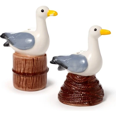 Afbeelding van Peper en Zoutstel Set Zeemeeuwen op Ton &amp; Touw Dolomiet Keramiek 8.5 9x7x3.5 5cm