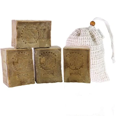 Afbeelding van TUMELO Originele Aleppo zeep 4 x 200g (800g) 80% Olijfolie 20% Laurierolie + Zeepzakje Handgemaakte olijfoliezeep Natuurlijke Vaste haarzeep/Douchzeep