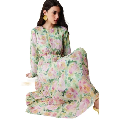Afbeelding van Trendyol Lichtgroene Gebloemde Riem Met Gedetailleerde Voering, Geplooide Chiffon Geweven Jurk Tctss24Eb00151