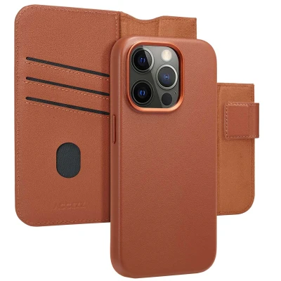 Afbeelding van Apple iPhone 15 Pro MagSafe Hoesje Echt leder Accezz Bookcase/2 in 1 Case Bruin Telefoonhoesje