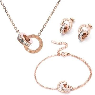 Afbeelding van Hanaoops Sieradenset voor dames, ketting, armband en oorbellen, set met dubbele cirkelvormige zirkonia, ronde in elkaar grijpende hanger, sieradengeschenken tienermeisjes vrouwen, Metaal