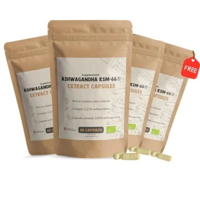 Afbeelding van Cupplement 4 Zakken Ashwagandha KSM 66 Capsules 60 Stuks Gratis Pillendoos 500 MG per Biologisch Geen Poeder of Gummies Supplement Superfood Ashwaganda Winterkers