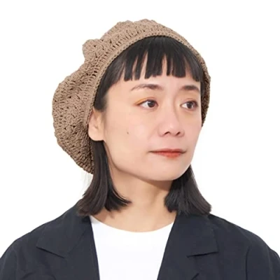 Afbeelding van dames heren Franse baret hoed zomer hand gebreide hoeden 100% katoen beanie baretten gehaakte caps, Beige, Eén Maat