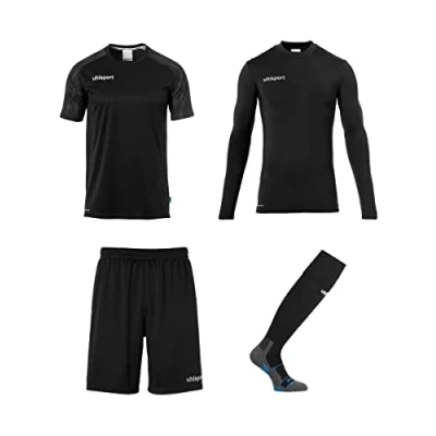 Afbeelding van uhlsport REACTION GOALKEEPER set keeper voetbalset van shirts, shorts, basislaag en voetbalsokken/kousen, complete voor volwassenen jongeren zwart/antraciet maat 128