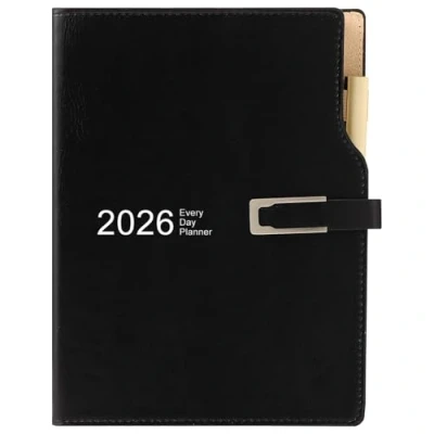 Afbeelding van Academisch dagboek 2026 A5 van dag tot pagina, planningsorganisator met kalenderstickers, agenda dagboekplanner penhouder en pen, premium dikker papier 14 x 21,5 cm (zwart)