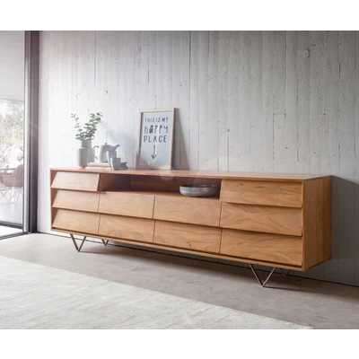 Afbeelding van DELIFE Dressoir Eloi Acacia Natuur 240x40 cm 2 Deuren 6 Laden V Poot RVS