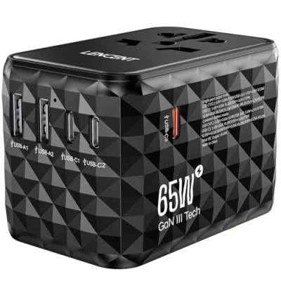 Afbeelding van LENCENT 65W Reisadapter Wereldwijd, GaN3 Snellader Universele Reisstekker met 3 PD USB C+2 QC USB, Alles in één Internationale Stekker voor Telefoons Laptop, 200+ Landen, EU UK DE VS Type A/C/G/I