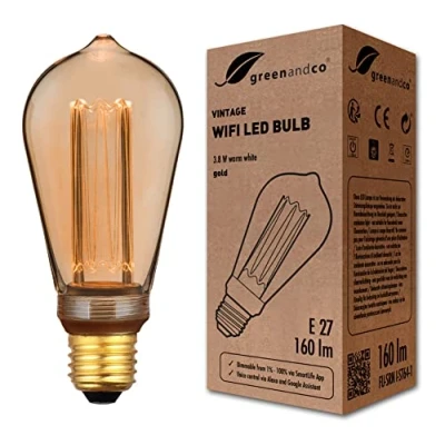 Afbeelding van greenandco® WiFi smart LED lamp met app (geen hub nodig) Vintage Design E27 ST64, 3,8W 160lm 1800K 320 230V, geen flikkering, dimbaar, compatibel Alexa en Google Assistant